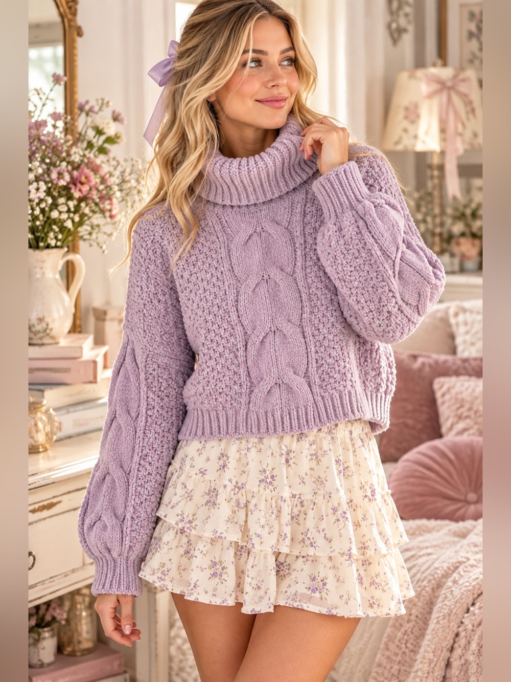 Altar’d State Lavender Chenille Cable Knit Cropped Turtleneck Sweater Size Small
